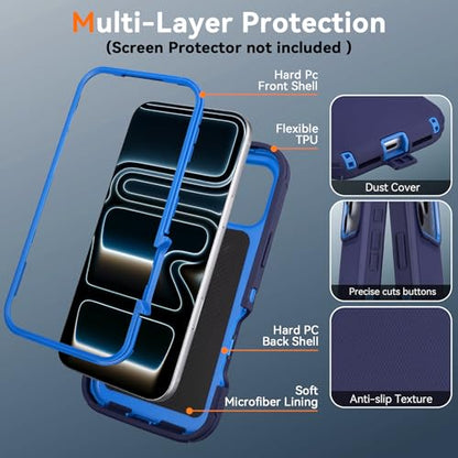 for iPhone 17 Pro Case with Belt Clip Holster & Kickstand, Blue | Anti-Drop, 4 in 1 Heavy Duty Shockproof Protection for iPhone 17 Pro Case Rugged - color: Blue
