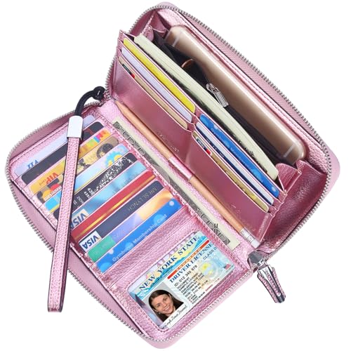 Small Compact Women Wallet RFID Blocking Genuine Leather Bifold Purse with ID Windows - color: 1- Pebbled Rose Gold, size: One Size