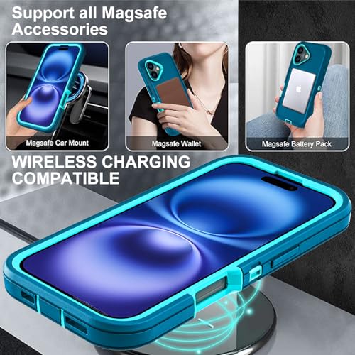 YKHJKLEC for iPhone 16 Case, Compatible with Magsafe, Military Grade 3 in 1 Heavy Duty Shockproof/Drop Proof/Dust Proof Case with 2Pcs Tempered Glass Screen Protector (New-Blue/Turquoise) - color: New-Blue/Turquoise