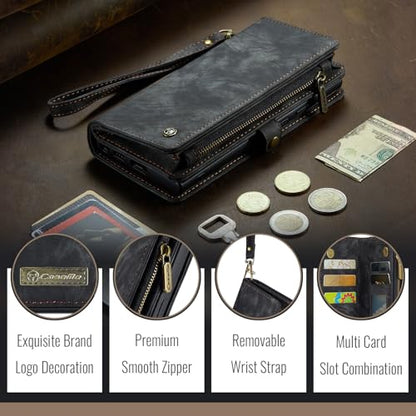 Compatible with iPhone 17E/16E Wallet Case with Magsafe,Black | Magnetic Detachable Case,Card Holder,Zipper Pocket,Strap Wristlet, Leather Drop-Proof Phone Case for iPhone 17E/16E - color: (Detachable and Magsafe)-Black, size: iPhone 16E/17E 6.1 Inch