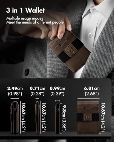 iwantit 3 in 1 MagSafe Wallet Men: Slim Bifold Money Clip + Smart Pop up Card Holder - Cash Strap, Men’s Minimalist Magnetic Wallet, ID Window, Premium Leather (Nubuck Brown) - color: Nubuck Brown