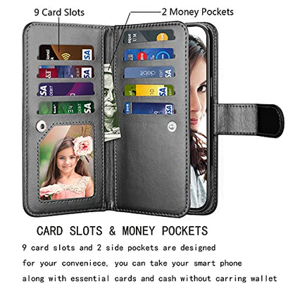 NJJEX Compatible with iPhone 13 Mini Case/iPhone 13 Mini Wallet Case 5.4" (2021), [9 Card Slots] PU Leather Credit Holder Folio Flip [Detachable] Kickstand Magnetic Phone Cover & Lanyard [Black] | PU leather, ID Credit Card Holder, detachable folio flip,