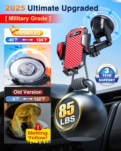 VANMASS Car Phone Holder Ultimate Military-Grade Strongest Suction & Clip Windshield Dash Best Strongest Cell Phone Automotive Dash Gauge Accents for iPhone 18 Pro Max 17 16 15 14 Red - color: Red