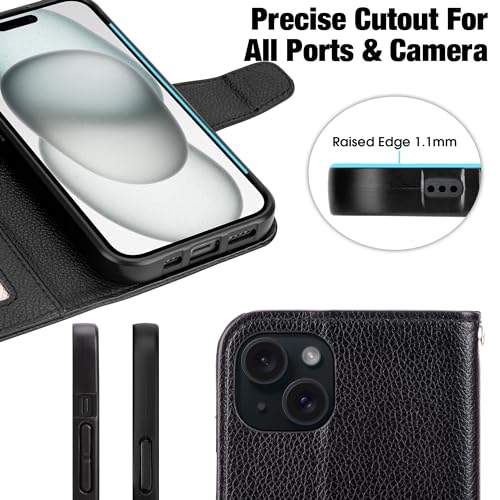 Arae Compatible with iPhone 15 Plus Case with Card Holder and Wrist Strap Wallet Flip Cover for iPhone 15 Plus 6.7 inch Men RFID Blocking Wristlet Kickstand,Litchi Black - color: Litchi Black, size: iPhone 15 Plus 6.7 inch