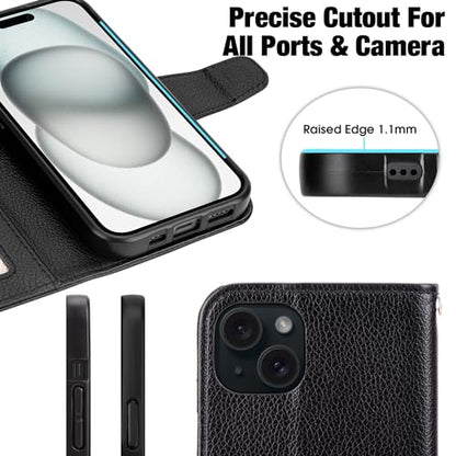 Arae Compatible with iPhone 15 Plus Case with Card Holder and Wrist Strap Wallet Flip Cover for iPhone 15 Plus 6.7 inch Men RFID Blocking Wristlet Kickstand,Litchi Black - color: Litchi Black, size: iPhone 15 Plus 6.7 inch