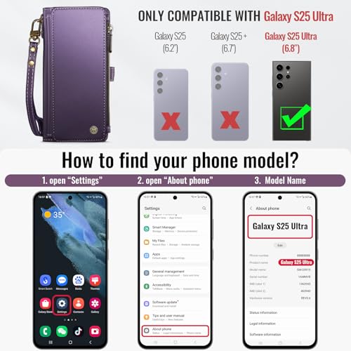 Defencase for Samsung Galaxy S25 Ultra Wallet Case with Card Holder, Purple | with RFID Blocking Zipper Pocket, Durable PU Leather, Wrist Strap, S25 Ultra Flip Phone Cases Cover with Stand for Women Men - color: Aesthetic Purple