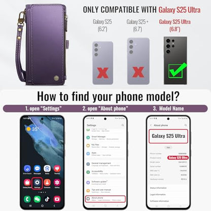 Defencase for Samsung Galaxy S25 Ultra Wallet Case with Card Holder, Purple | with RFID Blocking Zipper Pocket, Durable PU Leather, Wrist Strap, S25 Ultra Flip Phone Cases Cover with Stand for Women Men - color: Aesthetic Purple