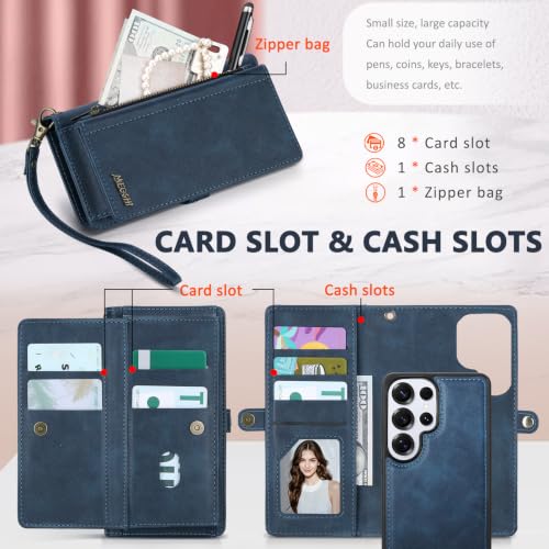 for Samsumg Galaxy S25 Ultra Wallet Case, Detachable Magnetic Shockproof Phone Case,Faux Leather Crossbody Wallet,with RFID Blocking，Zipper Card Holder，Shoulder Strap (Dark Blue) - color: Darkblue, size: Samsumg Galaxy S25 Ultra