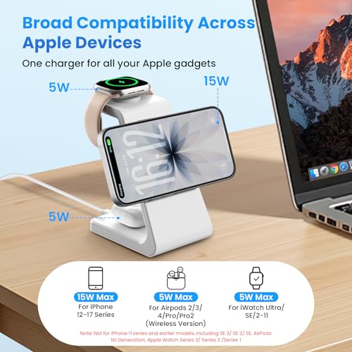 Magnetic Wireless Charging Station for iPhone: 3 in 1 15W Fast Charging for iPhone 17-12, Apple Watch & AirPods, N52 Magnets & 30W Adapter Included (Office/Bedside/Desk) - color: Matte White