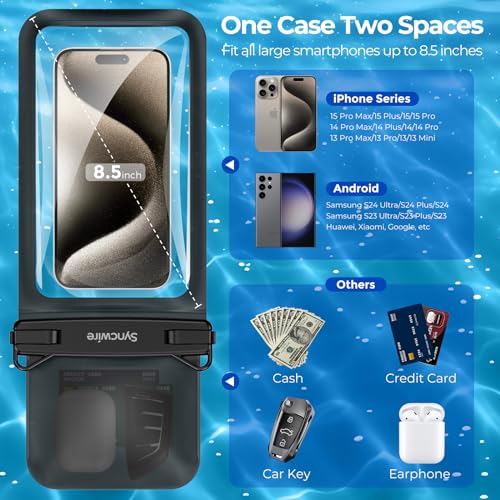 SYNCWIRE Waterproof Phone Case, 2-Pack IPX8 Double Space Waterproof Phone Pouch for iPhone 15 14 13 12 Pro Max XR X SE 2022 8 Samsung S24 S23 S22 Ultra S21 Phones Under 8.5 Inch - Black