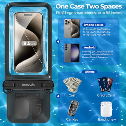 SYNCWIRE Waterproof Phone Case, 2-Pack IPX8 Double Space Waterproof Phone Pouch for iPhone 15 14 13 12 Pro Max XR X SE 2022 8 Samsung S24 S23 S22 Ultra S21 Phones Under 8.5 Inch - Black
