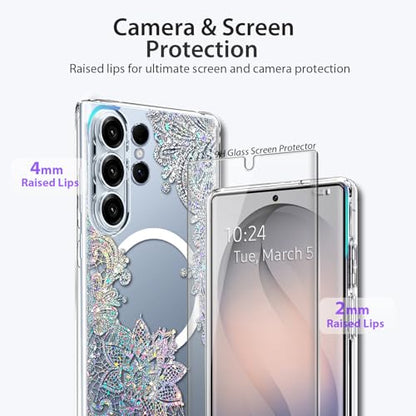 Magnetic for Samsung Galaxy S26 Ultra Case, Compatible with MagSafe, Cute for Women Girls, 10FT Military Grade Protective Cover for Galaxy S26 Ultra Case Glitter, Clear Bling Lace Mandala - size: 6.9 inch (for Galaxy S26 Ultra)