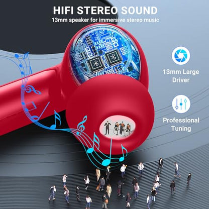 Wireless Earbuds, 2024 Wireless Headphones HiFi Stereo Earphones with 4 ENC Noise Canceling Mic, 42Hs Playtime In Ear Earbud, Bluetooth 5.3 Sport Earphones with LED Power Display for Android iOS Red - color: Red