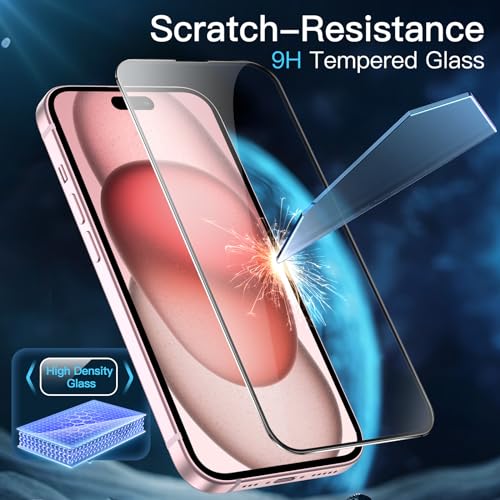 JETech Full-Coverage Screen Protector for iPhone 15, 3-Pack | Black Edge Tempered Glass, Easy Installation Tool, HD Clear, Case-Friendly - size: iPhone 15