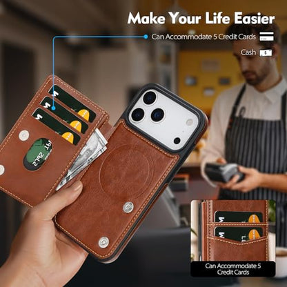 SkyEagle Compatible with MagSafe iPhone 17 Pro Case Wallet,Brown | Magnetic Clasp,RFID Blocking,PU Leather,Flip Folio Shockproof Phone Cover,with Credit Card Slots & Kickstand for Men & Women - color: Brown, size: iPhone 17 Pro - 6.3"
