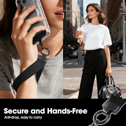 Elastic Phone Lanyard with Phone Tabs, Stretchy Braided Cellphone Wrist Strap and Keys Keychain - color: Normal Black