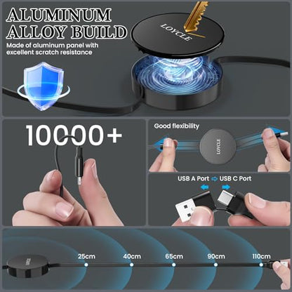 6 in 1 Multi Charger Cable Retractable USB C Cable 1.1m Fast Charging – Up to 66W PD Works with 100W PD Adapter Universal Multi Device Charger for Car and Travel