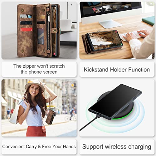 Samsung Galaxy S23 Ultra Wallet Case,Zipper Folio Leather Case Wallet with Card Holder Strap Wristlet Detachable Magnetic Protective Back Case for Samsung Galaxy S23 Ultra 5G 6.8 Inch(Brown) - color: Brown, size: S23 Ultra 5G 6.8 Inch