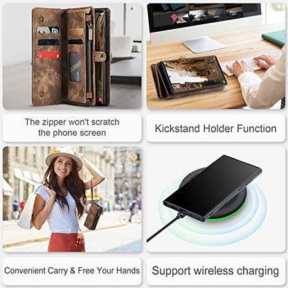 Samsung Galaxy S23 Ultra Wallet Case,Zipper Folio Leather Case Wallet with Card Holder Strap Wristlet Detachable Magnetic Protective Back Case for Samsung Galaxy S23 Ultra 5G 6.8 Inch(Brown) - color: Brown, size: S23 Ultra 5G 6.8 Inch