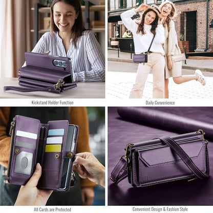 Strapurs Crossbody Wallet Case Compatible with Samsung Galaxy Z Fold 6 with RFID Blocking Card Holder & Pen Holder Slot Soft PU Leather Shoulder Strap Zipper Pocket Purse Fold 6 Phone Case, Purple | RFID Blocking 5-Card Holder, Shoulder Lanyard, Wirst Str