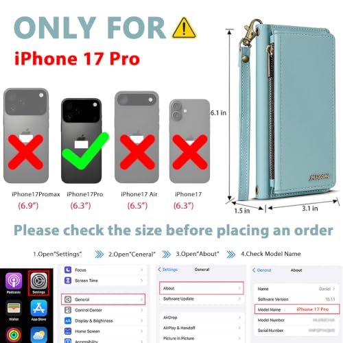 for iPhone 17 Pro Wallet Case, Detachable Magnetic Phone Case,Faux Leather Strap Wallet,with RFID Blocking，Zipper Card Holder，Shoulder Straps (Blue) - color: Blue, size: iPhone 17 Pro