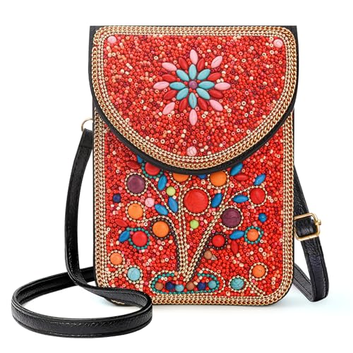 Small Beaded Crossbody Bag for Women, Boho Cell Phone Shoulder Purse Wallet with Handcrafted Colorful Beads - color: Tree-red