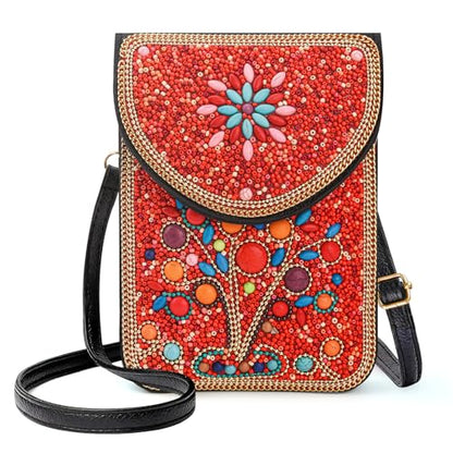 Small Beaded Crossbody Bag for Women, Boho Cell Phone Shoulder Purse Wallet with Handcrafted Colorful Beads - color: Tree-red