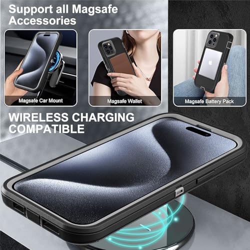 YKHJKLEC for iPhone 15 Pro Case, Compatible with Magsafe, Military Grade 3 in 1 Heavy Duty Shockproof/Drop Proof/Dust Proof Case with 2Pcs Tempered Glass Screen Protector (New-Black/Grey) - color: New-Black/Grey
