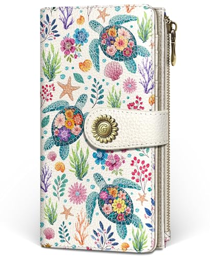 GIANCOMICS Sea Turtle Women Wallet RFID Blocking, Credit Card Holder Bifold | Billfold, Cute Cash Purse, Travel Zipper Coin Pocket, Compact Clutch, PU Leather, ID Window, 11 Card Slots, Ladies Gift Woman - color: Sea Turtles with Flowers