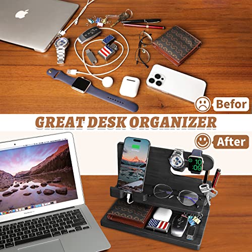 Gifts for Men Wood Phone Docking Station for Men Nightstand Organizer Gifts for Dad Charging Station Cell Phone Stand Desk Organizer Gifts for Husband Boyfriend Brother Son (Black)