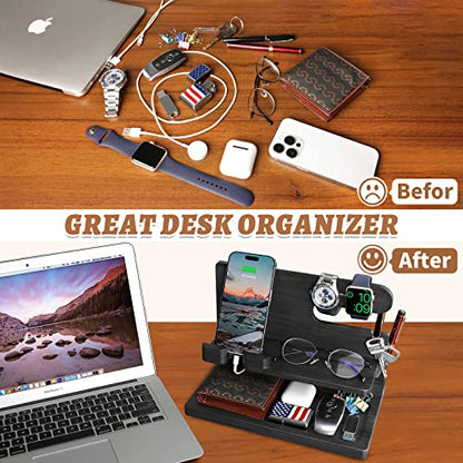 Gifts for Men Wood Phone Docking Station for Men Nightstand Organizer Gifts for Dad Charging Station Cell Phone Stand Desk Organizer Gifts for Husband Boyfriend Brother Son (Black)