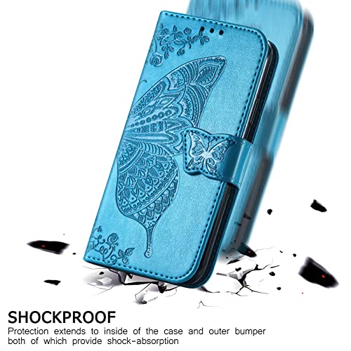 for iPhone 12 Pro/iPhone 12 Wallet Case,Women Flip Folio Cover with Butterfly Embossed PU Leather Kickstand Credit Card Holder Slots Wrist Strap for iPhone 12/12 Pro 6.1 inch (Blue) - color: Blue