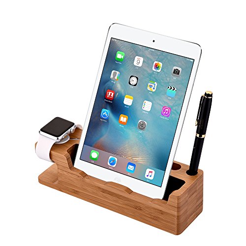 MOOZO Bamboo Wood Desktop Charging Dock Station Charger Holder Cradle Stand Compatible iPhone 16 15 14 13 12 11 Pro Max Apple Watch 2 3 4 / iWatch Samsung Galaxy S8 S7 S6 Edge Plus LG HTC Smartphones - color: 3 in 1 Charger Stand