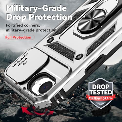 for iPhone 17E / iPhone 16E Case, with Camera Lens Cover HD Screen Protector, Dual Layer Military-Grade Drop Tested Magnetic Ring Holder Kickstand Protective Phone Case for iPhone 16E / 17E (Silver) - color: Silver with camera cover Military-Grade 2nd gen