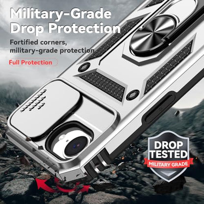 for iPhone 17E / iPhone 16E Case, with Camera Lens Cover HD Screen Protector, Dual Layer Military-Grade Drop Tested Magnetic Ring Holder Kickstand Protective Phone Case for iPhone 16E / 17E (Silver) - color: Silver with camera cover Military-Grade 2nd gen