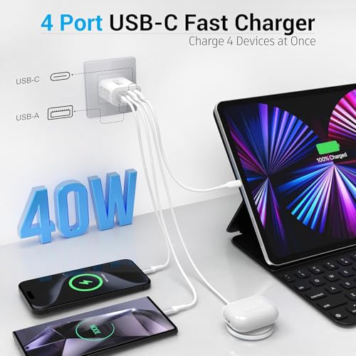 TT&C USB C Charger Block, 40W 4 Ports Wall Charger for iPhone 17,16,15,14 - color: White 1Pack