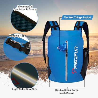 Piscifun Waterproof Floating Dry Backpack 10L/20L/30L | Lightweight and Durable, With Waist Pouch and Phone Case, Ideal for Kayaking, Camping, Beach, Boating, Swimming - color: Light Blue, size: 20L