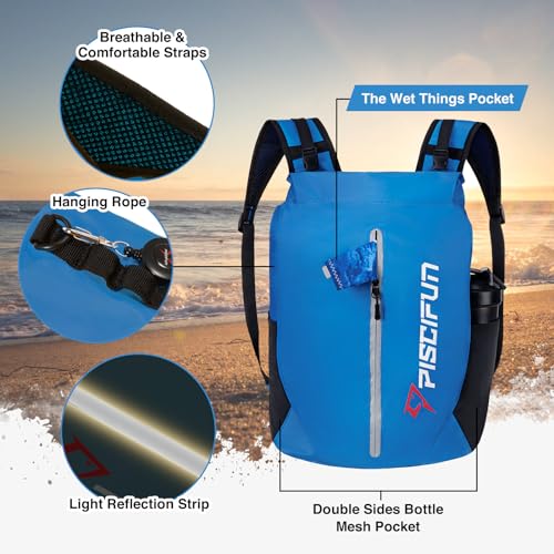 Piscifun Waterproof Floating Dry Backpack 10L/20L/30L | Lightweight and Durable, With Waist Pouch and Phone Case, Ideal for Kayaking, Camping, Beach, Boating, Swimming - color: Light Blue, size: 30L