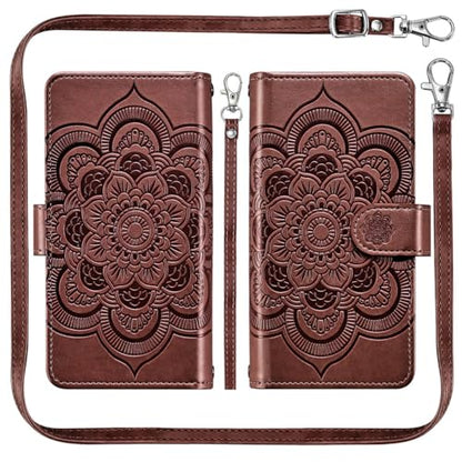 Asuwish Phone Case for iPhone 16 Pro 6.3 inch Zipper Wallet Detachable Cell Cover with Tempered Glass Screen Protector Crossbody Lanyard Strap Flower Card Holder i Phone16 i16 16Pro Women Girls Brown - color: Brown