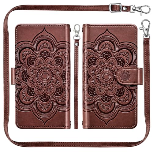 Asuwish Phone Case for Samsung Galaxy S22 5G Zipper Wallet Detachable Cell Cover with Tempered Glass Screen Protector Crossbody Lanyard Strap Flower Card Holder S 22 22S 4G G5 6.1 inch Women Brown - color: Brown