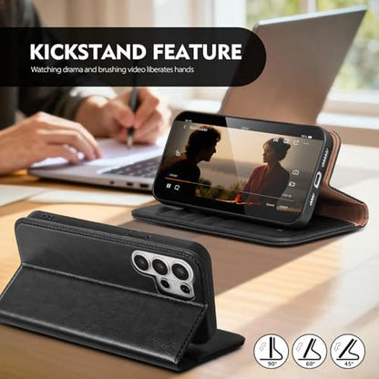 Compatible with Samsung Galaxy S25 Ultra Case Wallet with Card Holder [4 Card Slots] Kickstand [RFID Blocking] PU Leather Phone Case Flip Folio Protective Cover TPU Shockproof,Black - color: Black, size: Samsung Galaxy S25 Ultra