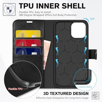 TUCCH Wallet Case for iPhone 12 Pro/iPhone 12 (6.1"), 3 Card Holders, Black | RFID Blocking, Viewing Stand, Shockproof TPU Shell, PU Leather, Magnetic Closure, Protective Folio Flip Cover - color: Black