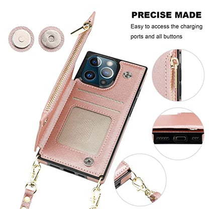 Bocasal Crossbody Wallet Case with Strap for iPhone 13 Pro, Rose Gold - color: Rose Gold