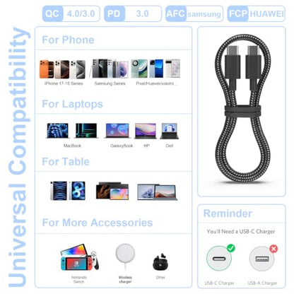 Plnhixt USB C Cable, 5Pack 6FT USB C to USB C Cable 60W(3A) Nylon Braided