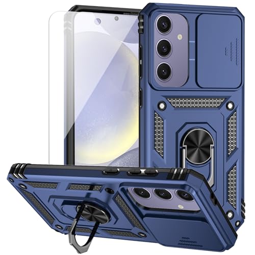 for Samsung Galaxy S24 FE Case with Camera Lens Cover HD Screen Protector, Dual Layer Military-Grade Drop Tested Magnetic Ring Holder Kickstand Protective Phone Case for Galaxy S24 FE (Navy Blue) - color: Navy Blue with camera cover Military-Grade 2nd gen