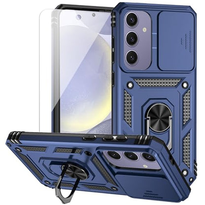 for Samsung Galaxy S24 FE Case with Camera Lens Cover HD Screen Protector, Dual Layer Military-Grade Drop Tested Magnetic Ring Holder Kickstand Protective Phone Case for Galaxy S24 FE (Navy Blue) - color: Navy Blue with camera cover Military-Grade 2nd gen