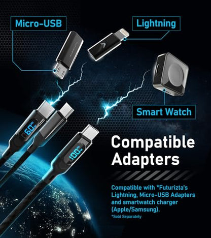 Futurizta Tech® Hydra 3‑in‑1 Triple USB‑C 100 W PD Fast‑Charge Multi Cable with Smart Triboost® – Charge Laptop, Phone & Tablet Simultaneously