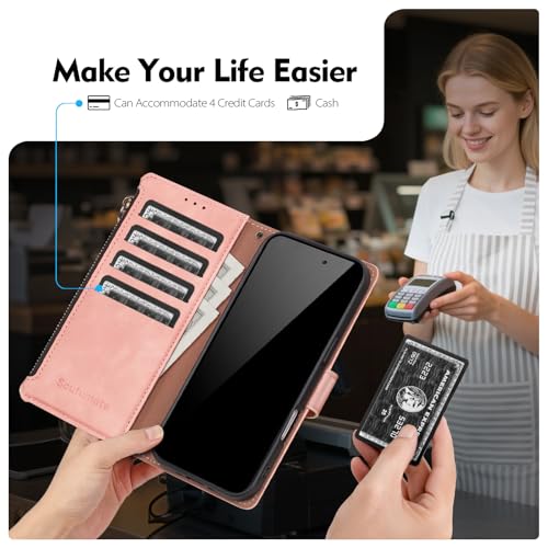 Compatible with iPhone 17e / 16e Wallet Case with Card Holder RFID Blocking Zipper Poket PU Leather Flip Phone Case with Wrist Strap Credit Card Slots Men Women,Rose Pink - color: Rose Pink