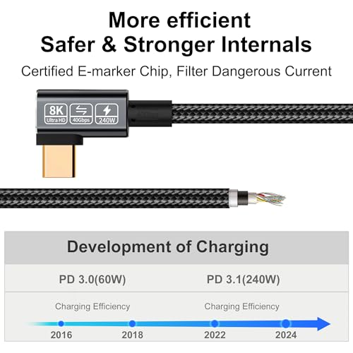 USB C Thunderbolt 4 Cable 90 Degree, 240W Data Transfer Right Angle, 40Gbps and 8K Video, Compatible with Thunderbolt 3 and USB C Cord 6.6FT - size: Right Angle 40Gbps Data Transfer Cable 6.6FT