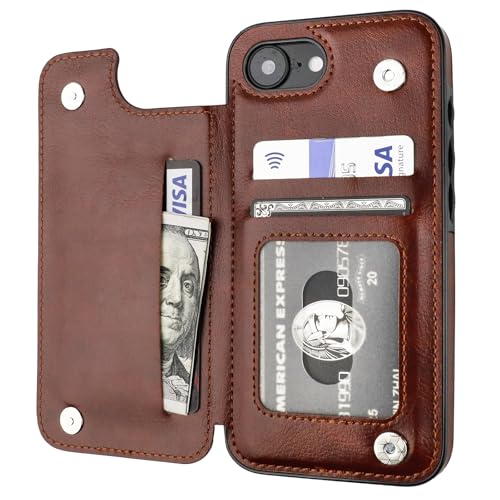 ONETOP for iPhone 17e/16e Wallet Case with Credit Card Holder,Brown | Kickstand,ID/Cash Holder,Case Wallet with Card Slots,Double Magnetic Clasp,Durable PU Leather Shockproof Cover for Women Men - color: Brown